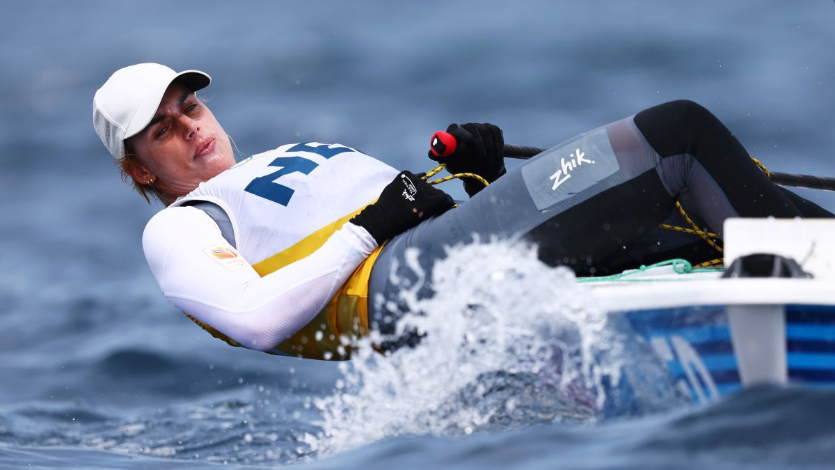 Marit Bouwmeester  compete in the Women's Dinghy medal race. GETTY IMAGES