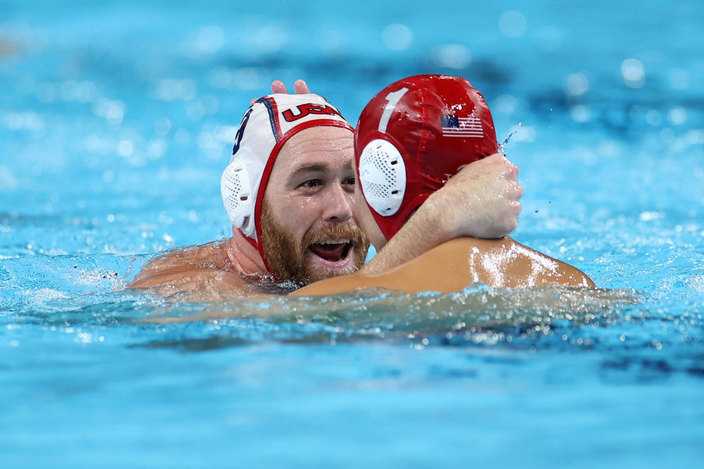 Alex Bowen and Adrian Weinberg of Team United States celebrate winning in the Men's Quarterfinal match GETTY IMAGES