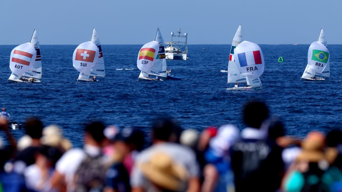 Fans watch the Mixed Dinghy class gold medal race at Paris 2024. GETTY IMAGES