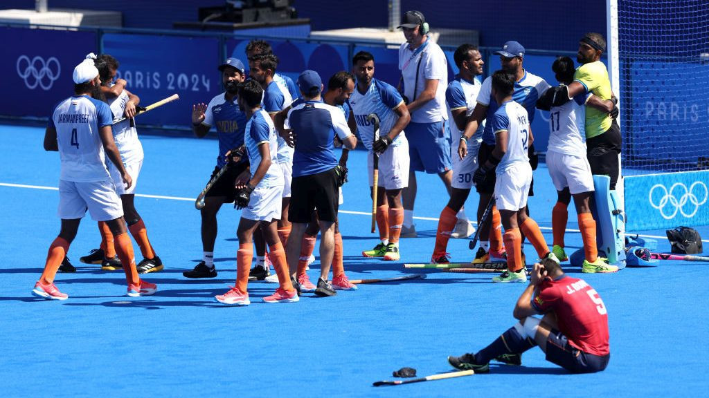 Team India celebrates following victory in the Men's Bronze Medal match between India and Spain. GETTY IMAGES