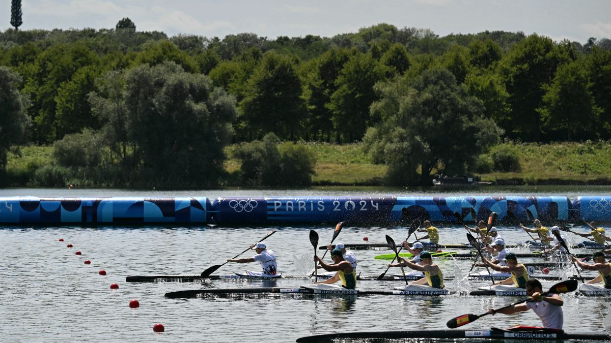 The men's kayak four 500m final of the canoe sprint competition. GETTY IMAGES