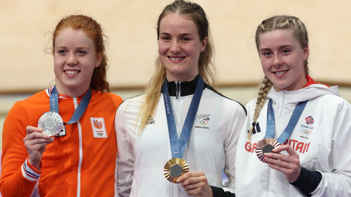 Women's keirin podium: Andrews, Van de Wouw and Finucane. GETTY IMAGES