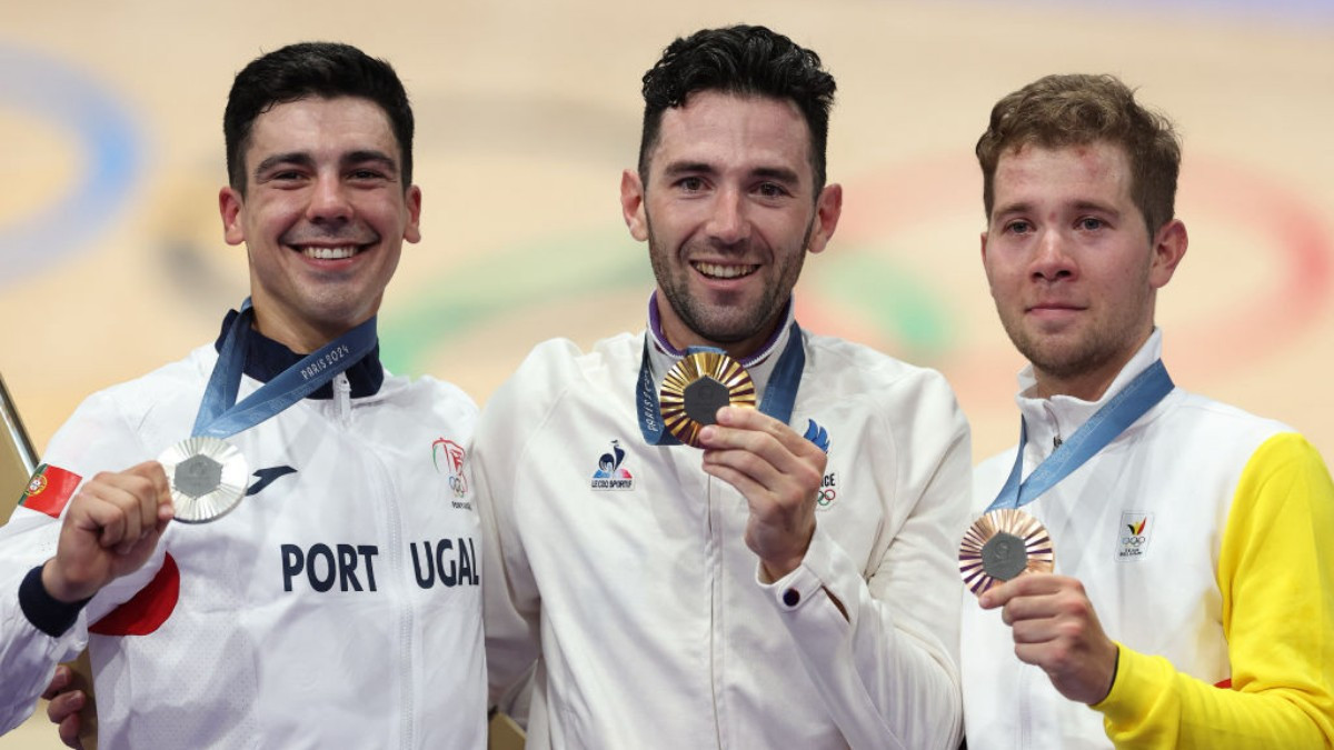 Men's omnium podium: Benjamin Thomas, Iuri Leitao and Fabio Van den Bossche. GETTY IMAGES