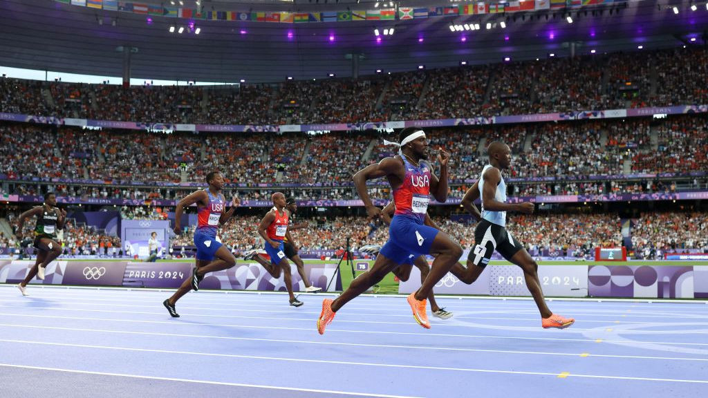 Letsile Tebogo of Team Botswana (R) on his way to victory in the Men's 200m final. GETTY IMAGES