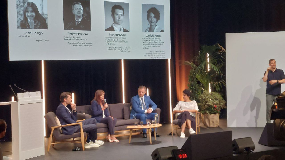 Anne Hidalgo,Andrew Parson, Pierre Rabadan and Lamia El Aaraje at Paris Media Centre. RDP / INSIDE THE GAMES