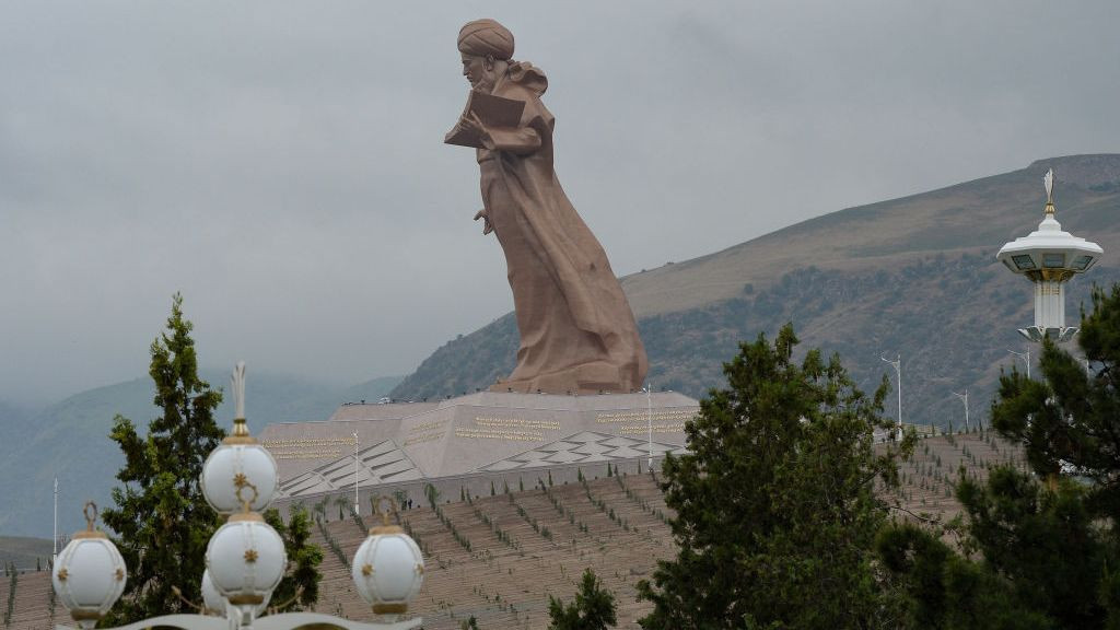 A view of the 80-metre (262 feet) high bronze statue of Turkmen poet Magtymguly Pyragy is seen during its opening ceremony in the southern part of the capital Ashgabat on May 17, 2024. GETTY IMAGES