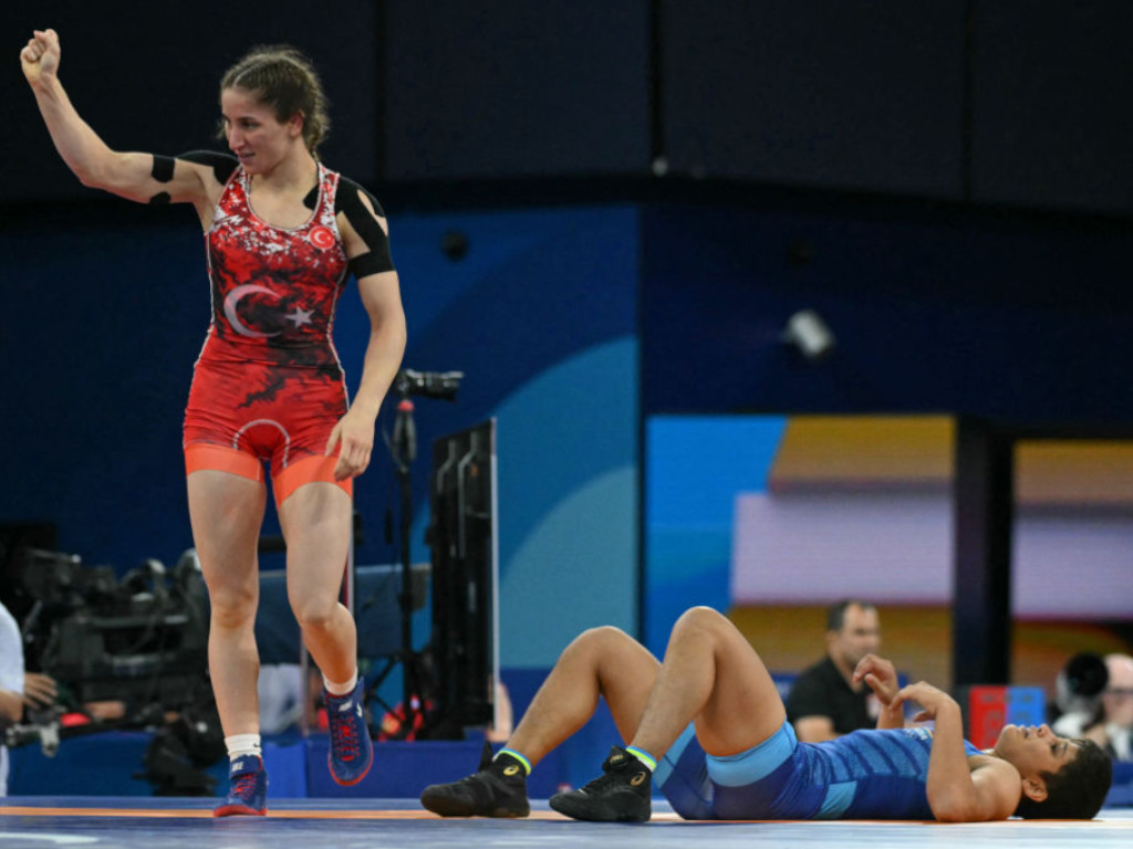 Turkey's Zeynep Yetgil reacts to her win over India's Antim Antim in their women's freestyle 53kg wrestling GETTY IMAGES