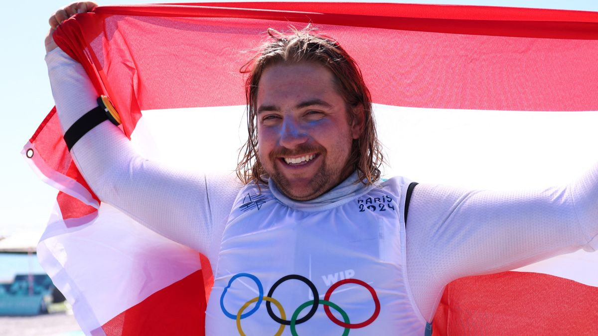 Valentin Bontus celebrates after the men's formula kite kiteboarding finals. GETTY IMAGES