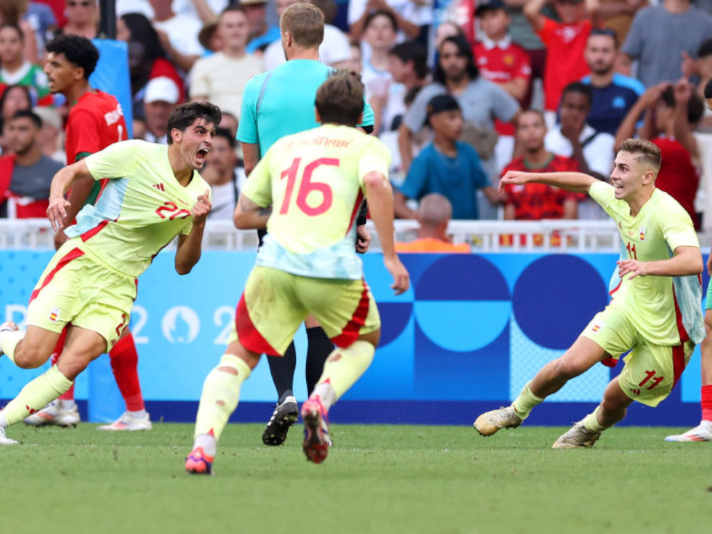 Juanlu Sanchez #20 of Team Spain celebrates scoring his team's second goal during the Men's semifinal match between Morocco and Spain during the Olympic Games Paris 2024 GETTY IMAGES