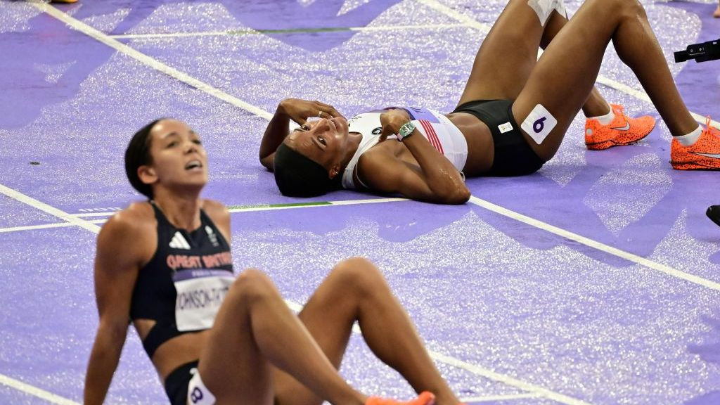 Silver medalist Great Britain's Katarina Johnson-Thompson and winner olympic champion Belgian Nafissatou Nafi Thiam pictured after the 800m, seventh and final event of the women's heptathlon. GETTY IMAGES