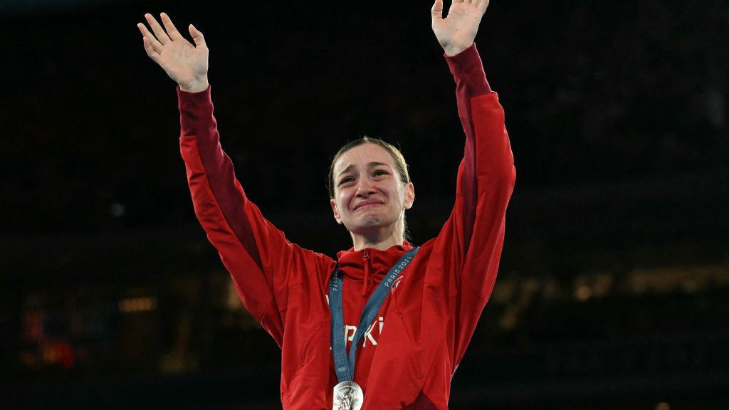 Silver medallist Turkey's Buse Naz Cakiroglu poses on the podium during the medal ceremony for the women's 50kg final boxing category. GETTY IMAGES