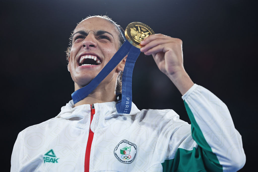 Imane Khelif on the podium. GETTY IMAGES