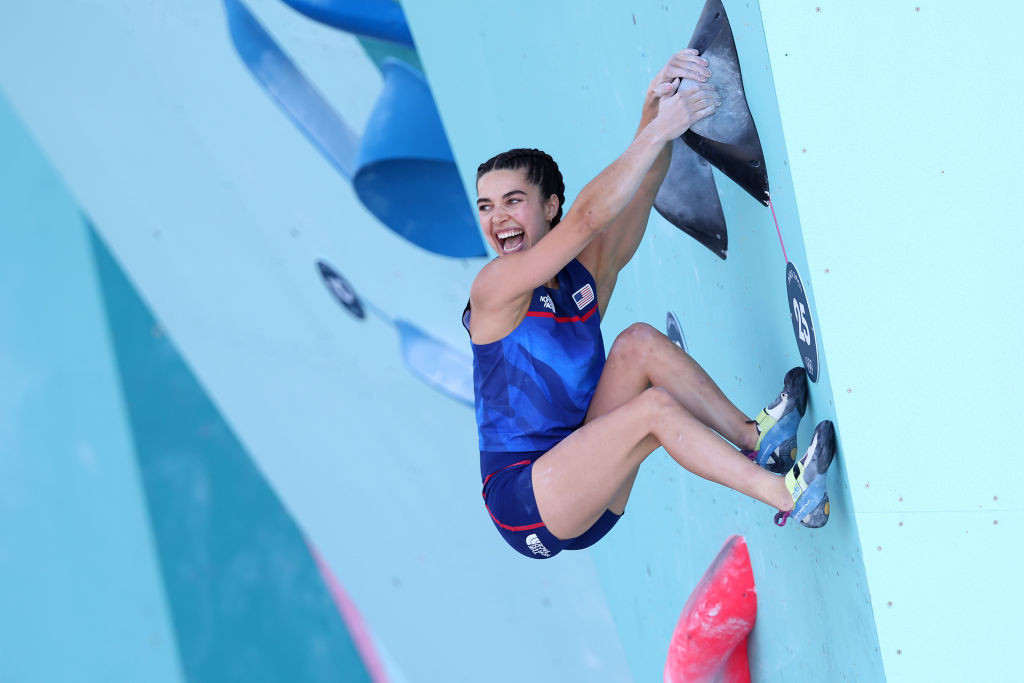 Brooke Raboutou reacts during the Boulder final. GETTY IMAGES