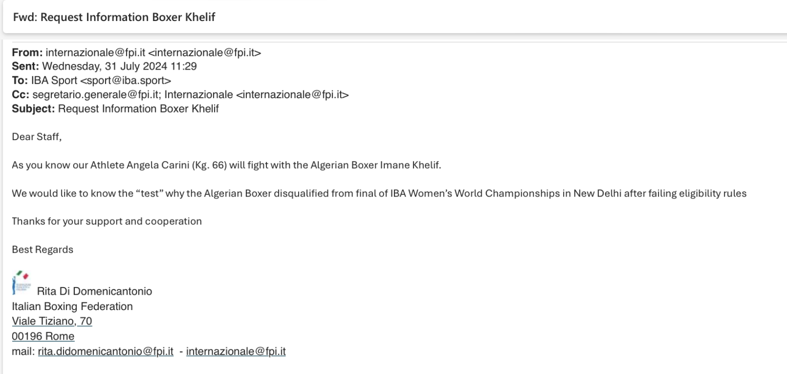 Email from Italian Boxing about Khelif. International Boxing Association