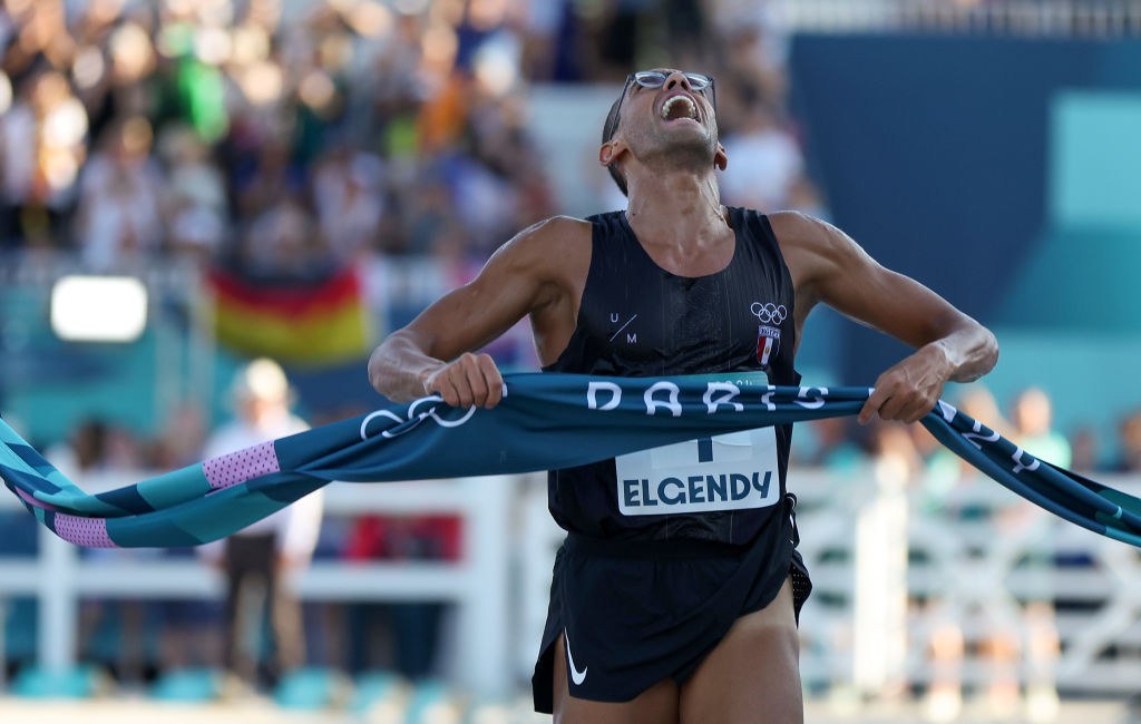 Ahmed Elgendy of Team Egypt reacts after he crosses the finish line during the Men's Individual Final. GETTY IMAGES