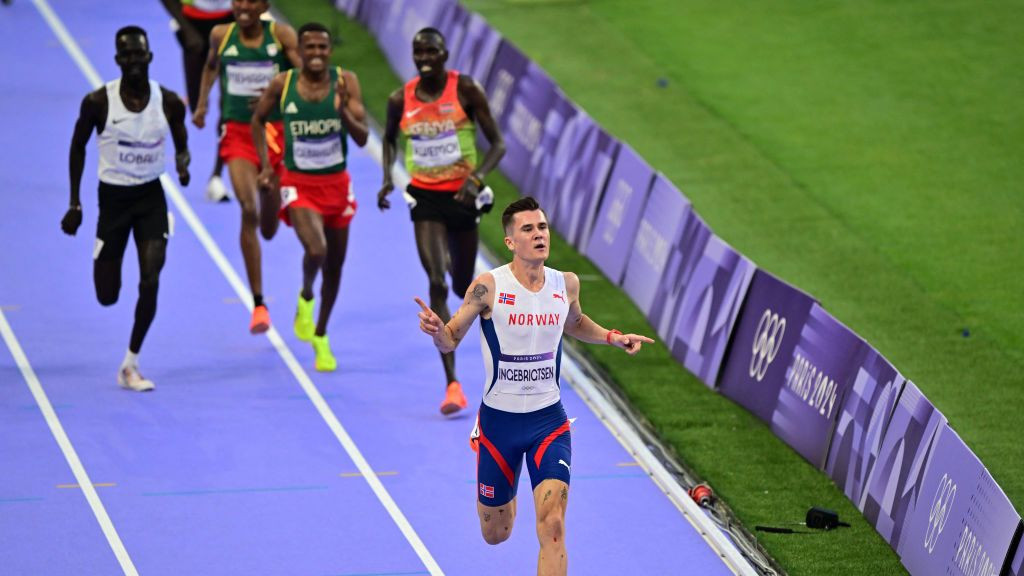 Norway's Jakob Ingebrigtsen crosses the finish line in the men's 5000m final. GETTY IMAGES