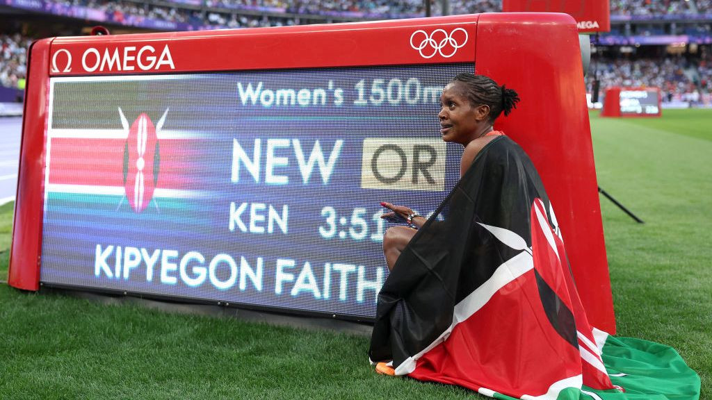 Gold medalist and new Olympic record holder Faith Kipyegon of Team Kenya. GETTY IMAGES