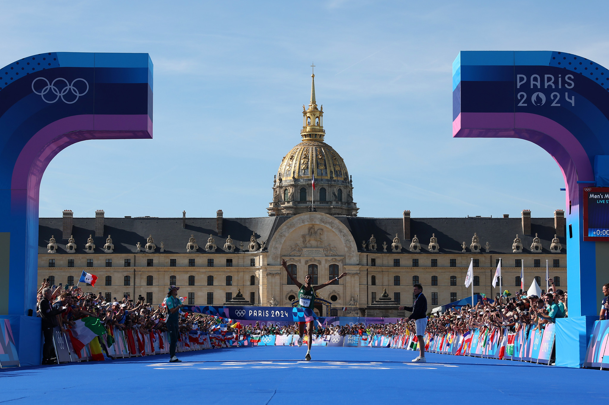 Tamirat Tola of Team Ethiopia crosses the finish line to win the Gold medal in the Men's Marathon at the Paris 2024 Olympic Games. GETTY IMAGES