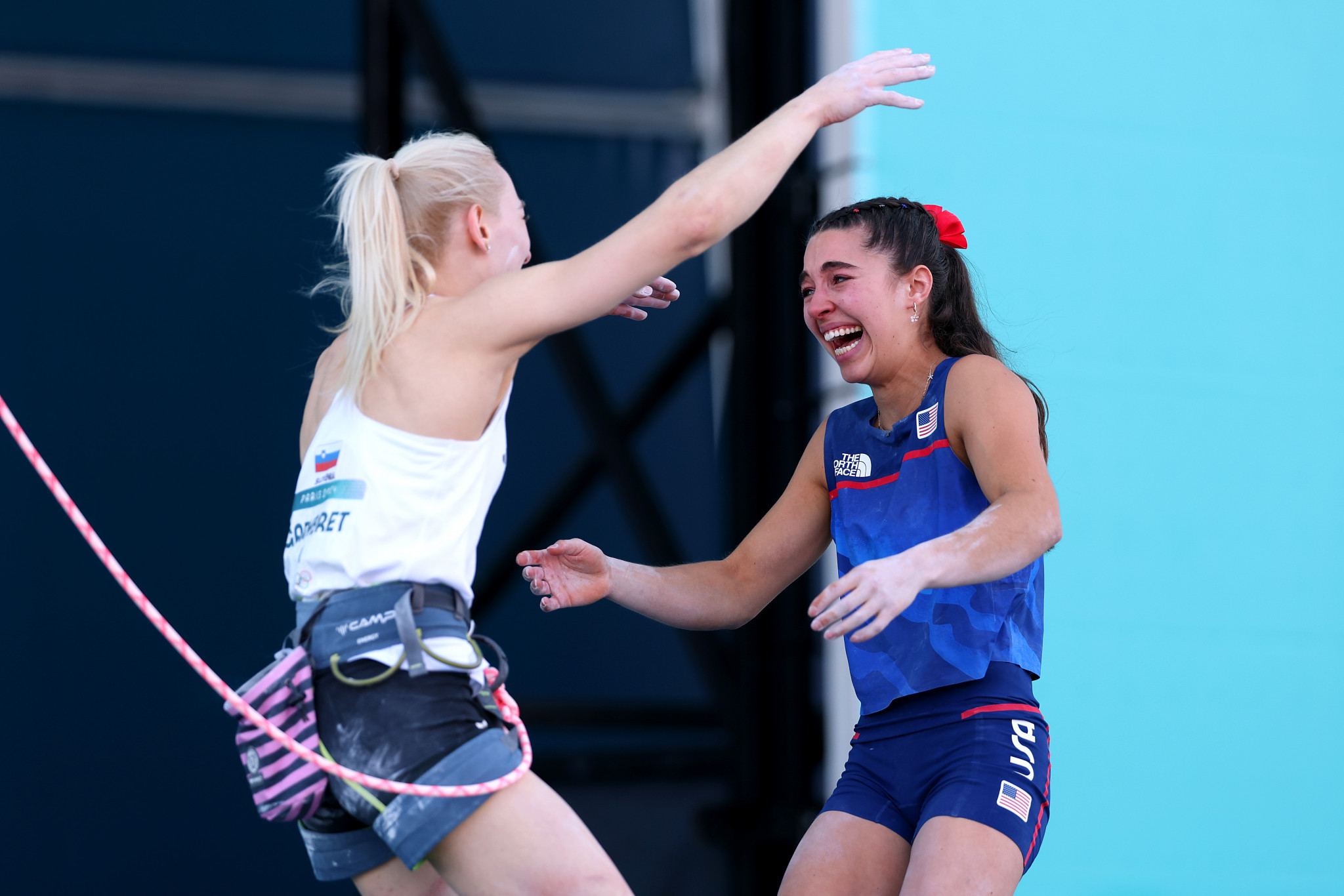 Gold medalist Janja Garnbret of Team Slovenia celebrates with Silver medalist Brooke Raboutou of Team United States following the Women's Boulder & Lead at the Paris 2024 Olympic Games. GETTY IMAGES