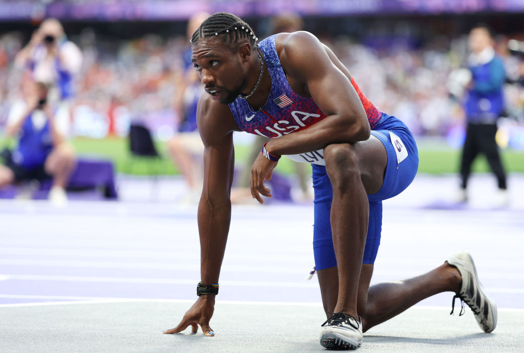 Bronze medalist Noah Lyles of Team United States shows his dejection after competing in the Men's 200m Final  GettyImages-2165912369