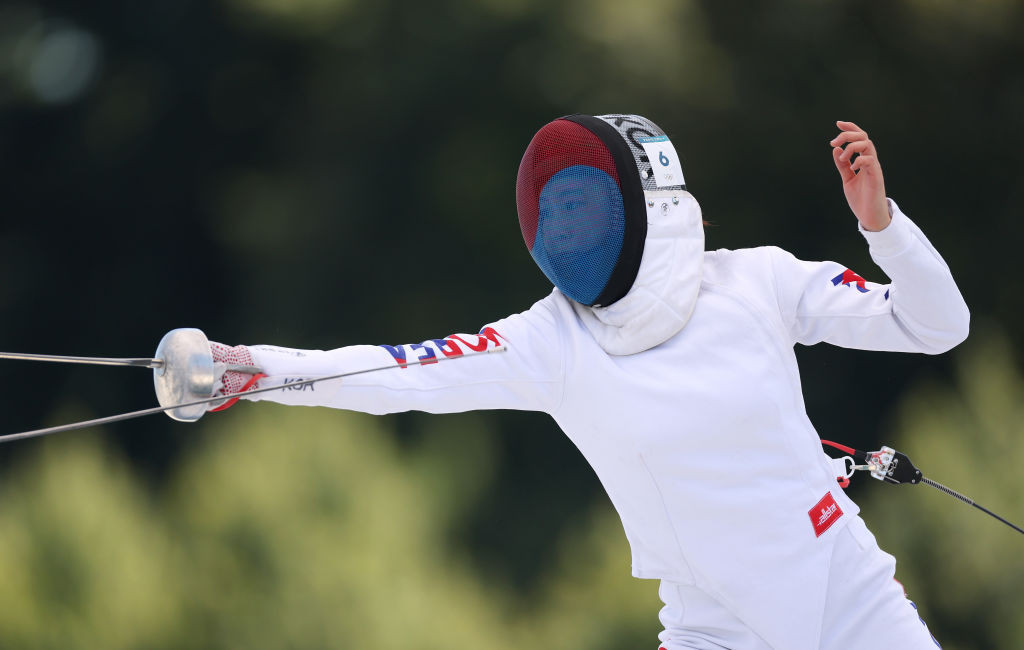 Seungjun Kim of Team Republic of Korea competes during the Women's Individual, Semi-final, Fencing Bonus Round on day fifteen of the Olympic Games Paris 2024 GettyImages