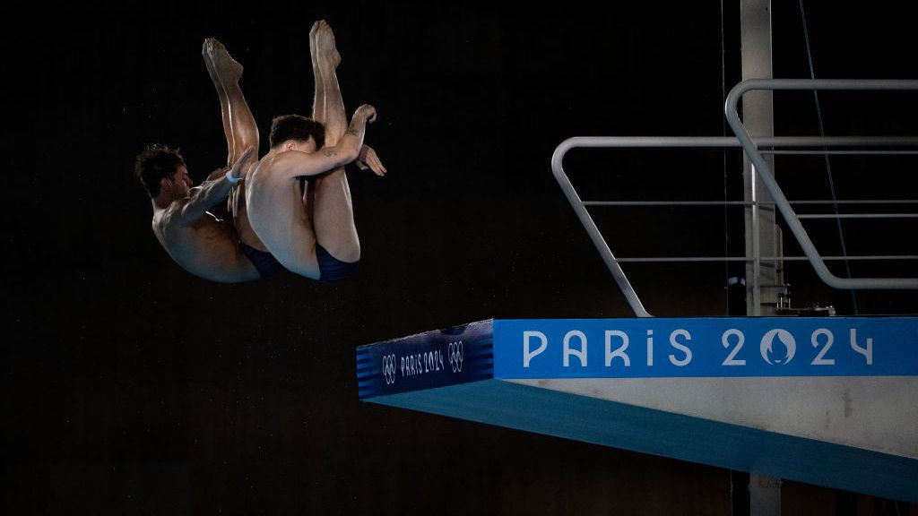 Britain's Noah Williams and Thomas Daley compete in the men's synchronised 10m platform diving final. GETTY IMAGES