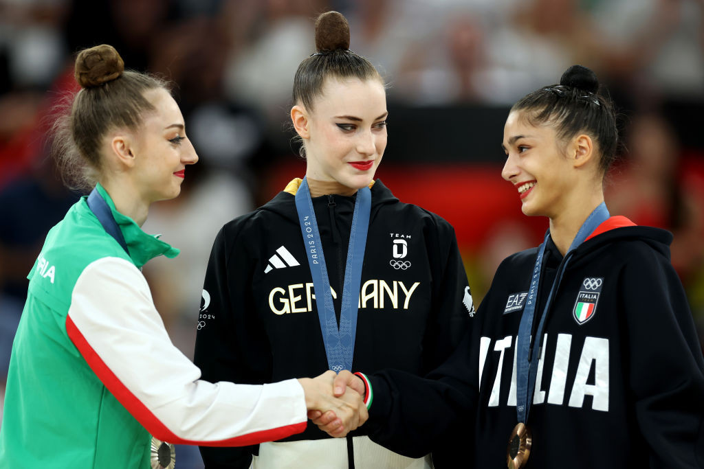 Gold medalist Darja Varfolomeev, Silver medalist Boryana Kaleyn and Bronze medalist Sofia Raffaeli. GETTY IMAGES