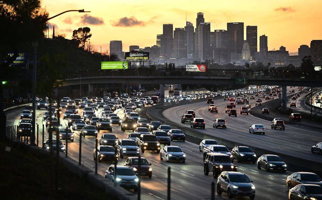 Cars make their way heading east out of Los Angeles. GETTY IMAGES