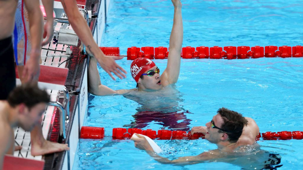 Pan Zhanle of Team People's Republic of China celebrates after winning gold in the Men's 4x100m Medley. GETTY IMAGES