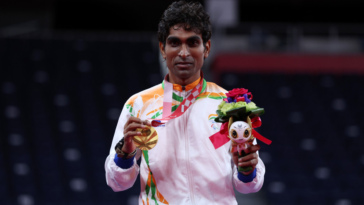 Pramod Bhagat with the Tokyo 2020 gold medal. GETTY IMAGES