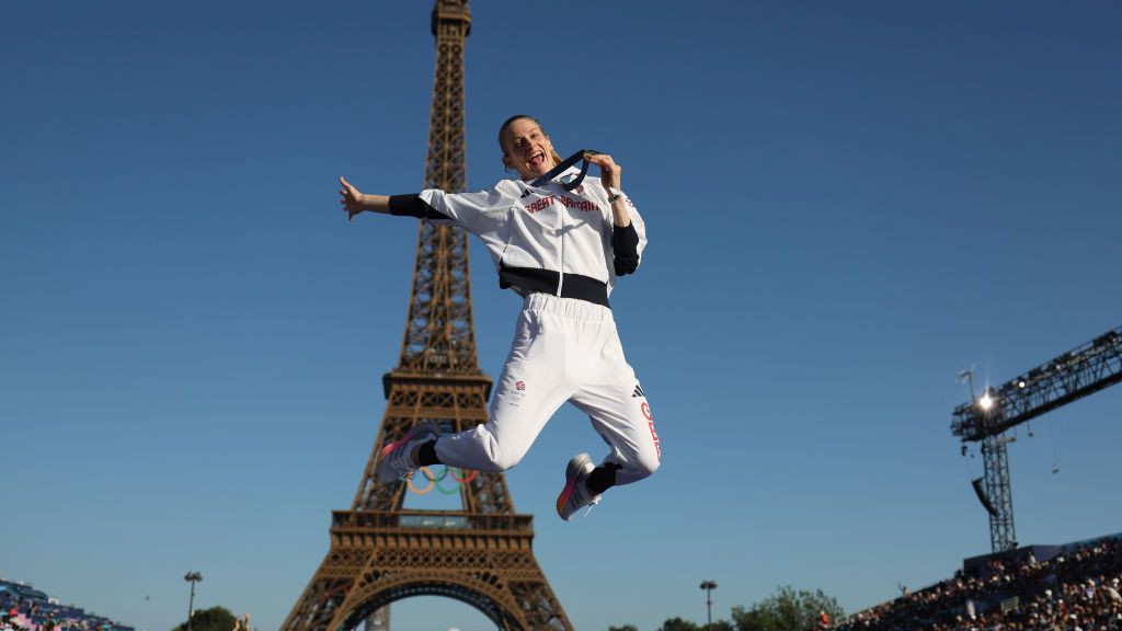 Women's Gymnastics Trampoline Bryony Page of Great Britain with her gold medal at Champions Park. GETTY IMAGES