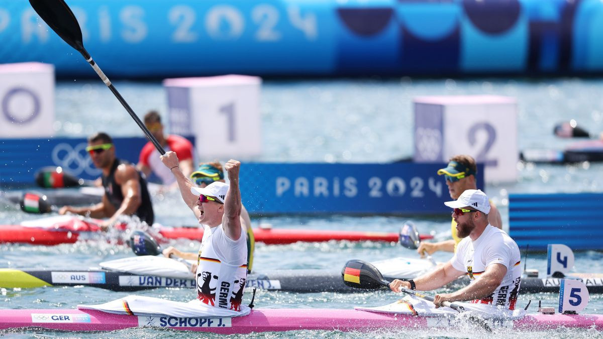 Jacob Schopf and Max Lemke of Team Germany of Team Germany celebrate winnning gold during the Mens Kayak Double 500m Final. GETTY IMAGES