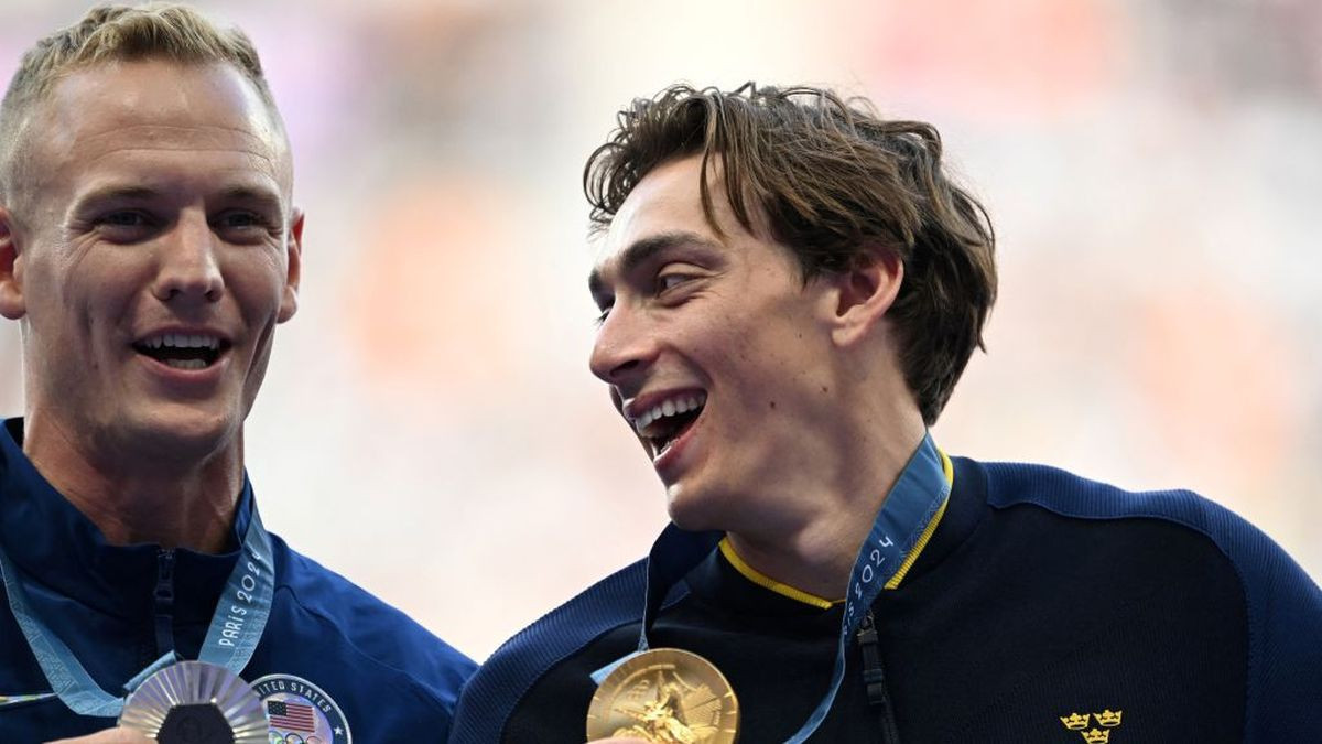 Silver medallist Sam Kendricks and gold medallist Armand Duplantis celebrate. GETTY IMAGES