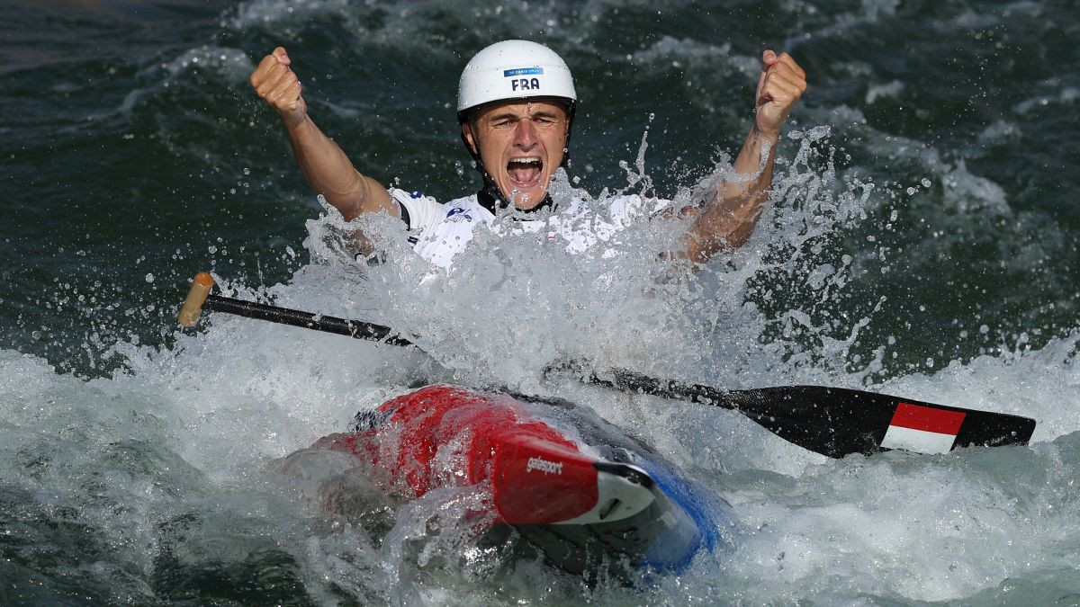 Nicolas Gestin celebrates victory during the Men's Canoe Single Final. GETTY IMAGES