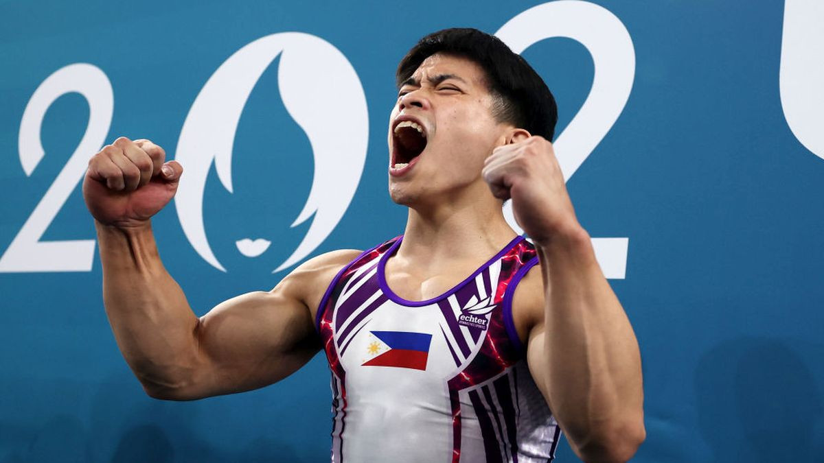 Carlos Edriel Yulo of Team Philippines celebrates after finishing his routine. GETTY IMAGES