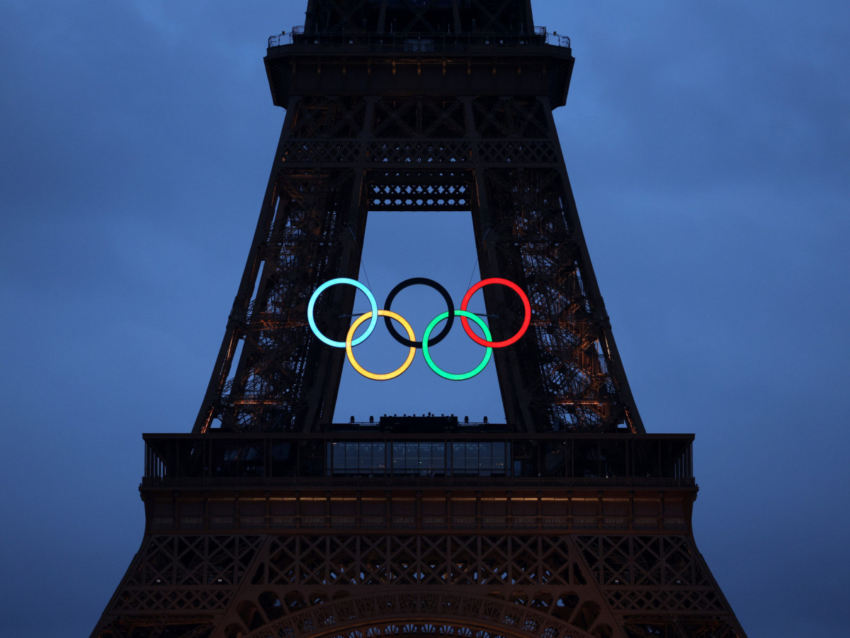 The Olympic Rings illuminated on the Eiffel Tower during the opening ceremony of the Paris 2024 Olympic Games. GETTY IMAGES