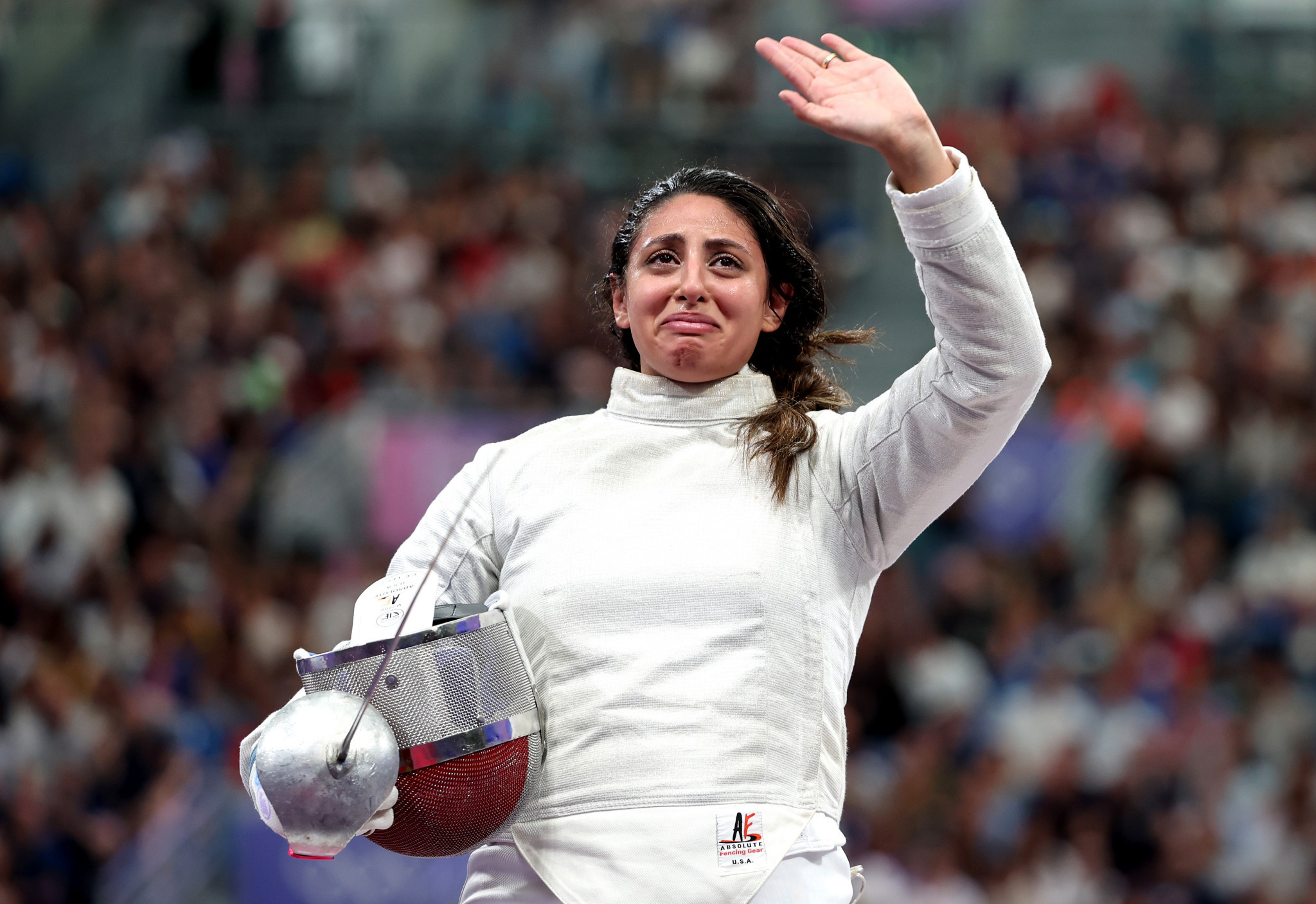 Nada Hafez of Team Egypt applauds fans after her victory in the Fencing Women's Sabre Individual at the Paris 2024 Olympic Games. GETTY IMAGES