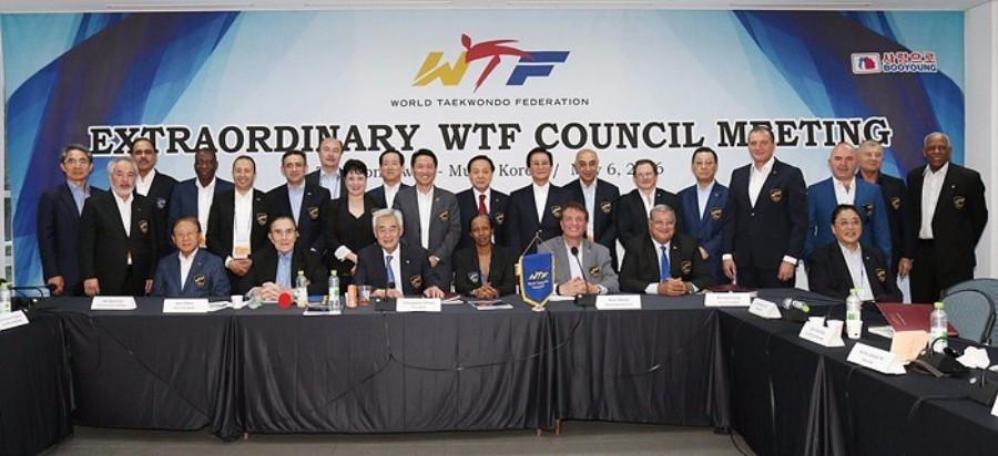 Chungwon Choue and other members of the ruling Council pose following the meeting ©WTF