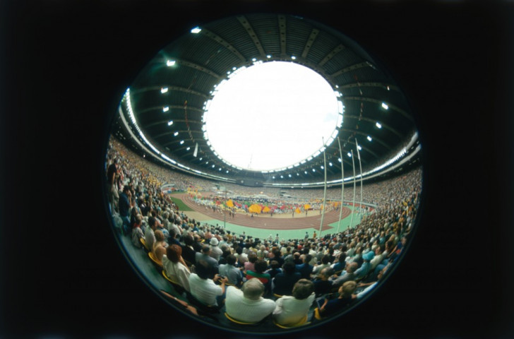 A fish-eye image of the Opening Ceremony at the 1976 Montreal Olympics in the stadium that has come to be known as the 