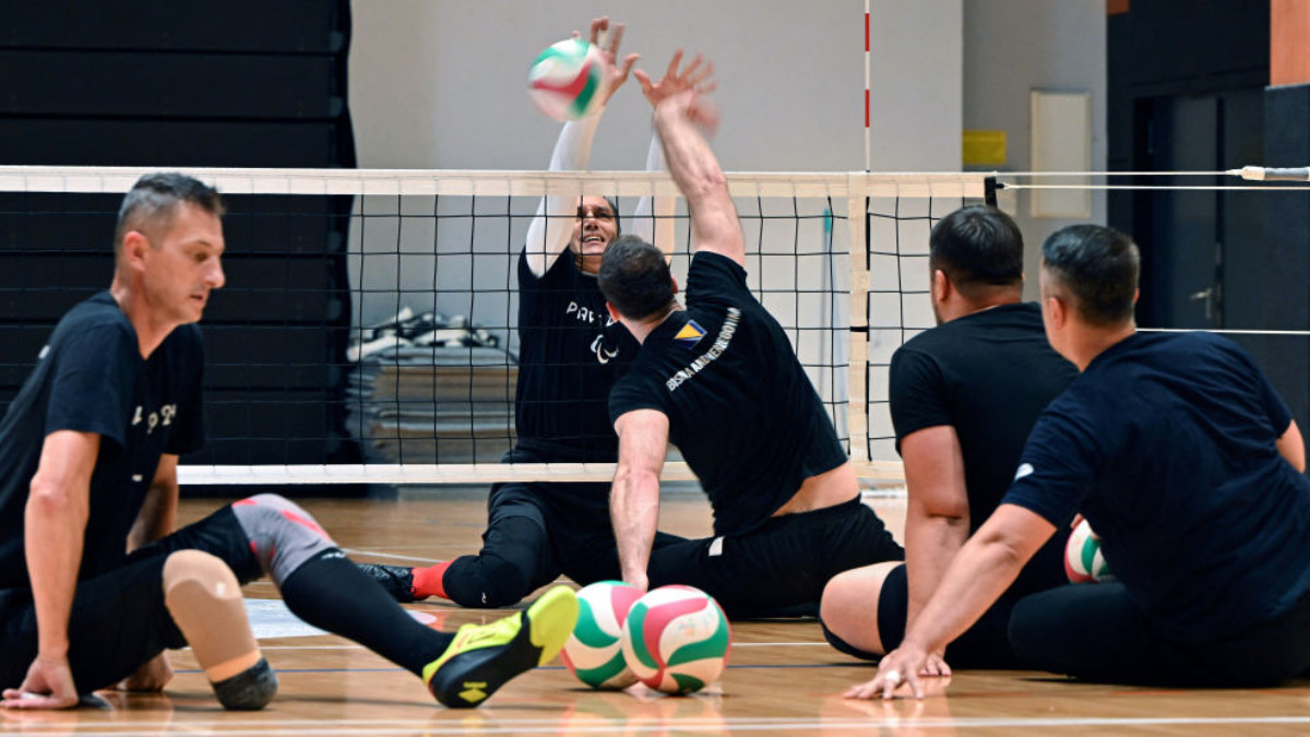 Bosnia and Herzegovina's sitting volleyball team during a training session in Sarajevo. GETTY IMAGES