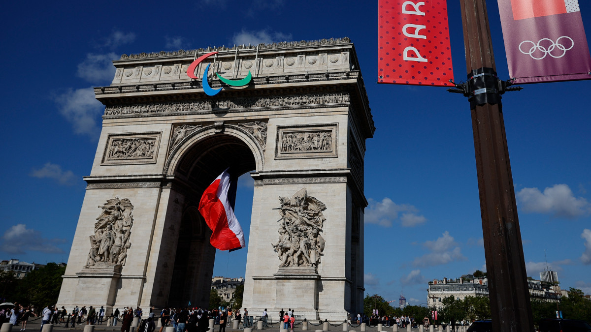 The Paralympic Agito logo and general signage is seen at the Arc de Triomphe ahead of the Paris 2024 Paralympics. GETTY IMAGES