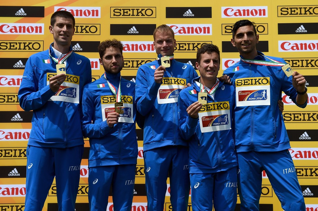 The victorious Italian team, with individiual winner Alex Schwazer (centre), pictured after the IAAF World Race Walking Championships 50km race in Rome ©Getty Images