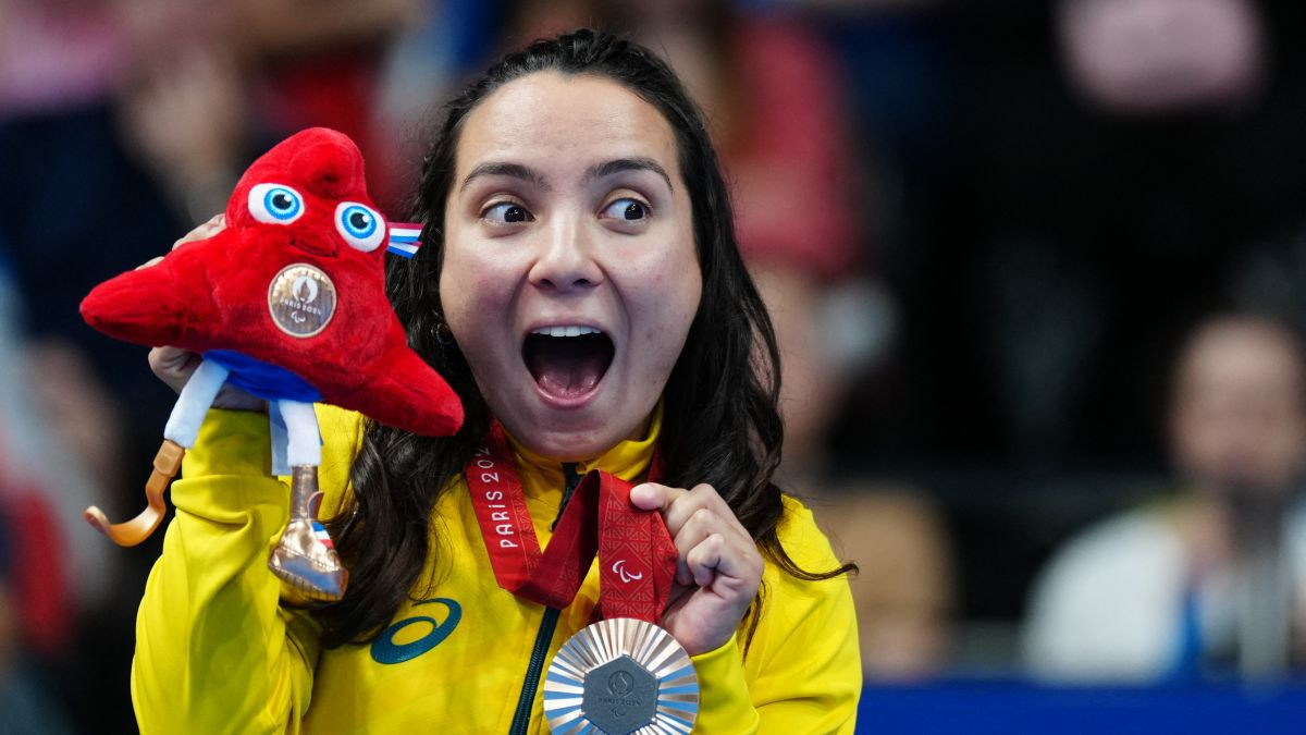 Bronze medallist Brazil's Mayara Do Amaral Petzold poses on the podium. GETTY IMAGES