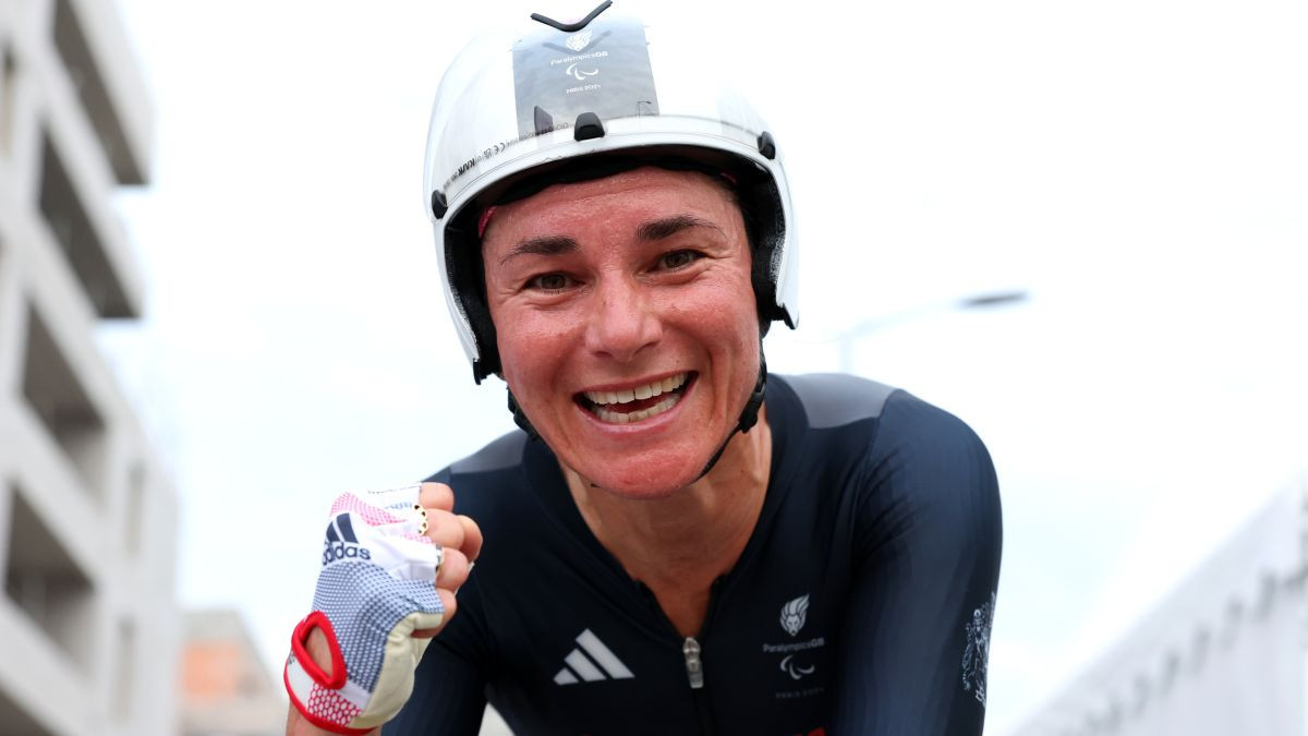 Sarah Storey reacts after winning inParis 2024. GETTY IMAGES