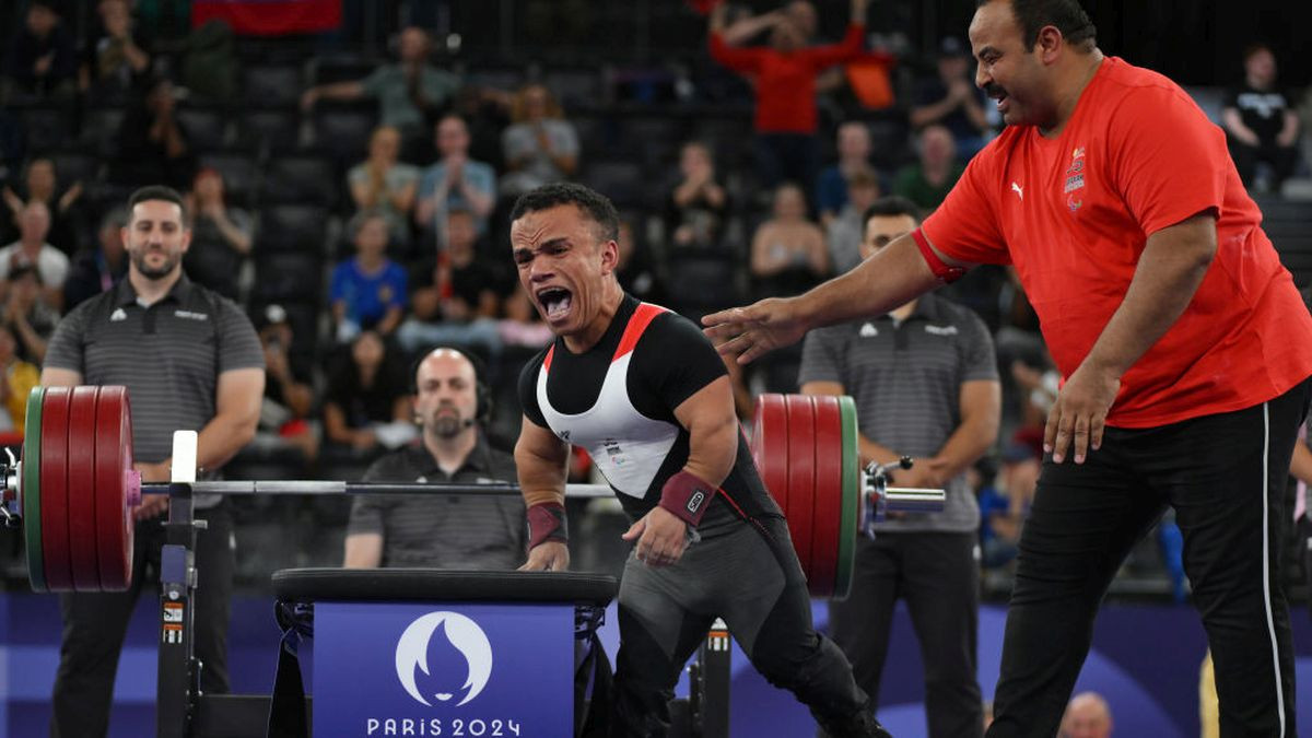 Mohamed Elmenyawy celebrates after winning the gold medal during the Men's up to 59KG Final. GETTY IMAGES