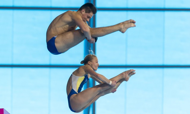 Ukraine’s Iuliia Prokopchuk and Maksym Dolgov triumphed in the mixed 10m synchro final