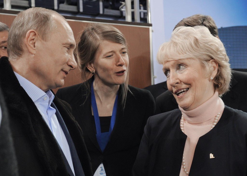 Kate Caithness (right), pictured here with Russian President Vladimir Putin, is the current WCF President ©Getty Images