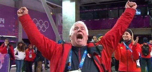 Tom De La Hunty celebrates  Kaillie Humphries winning her second Olympic gold medal at Sochi 2014 ©Facebook 