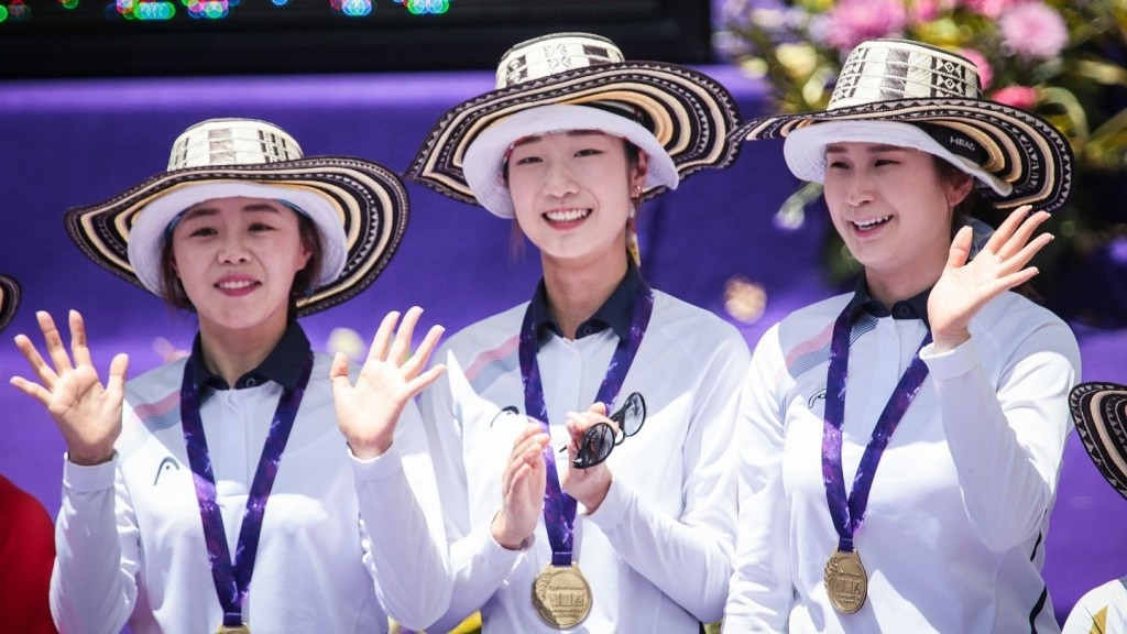 South Korea celebrate their team gold on a day of near-complete domination ©World Archery