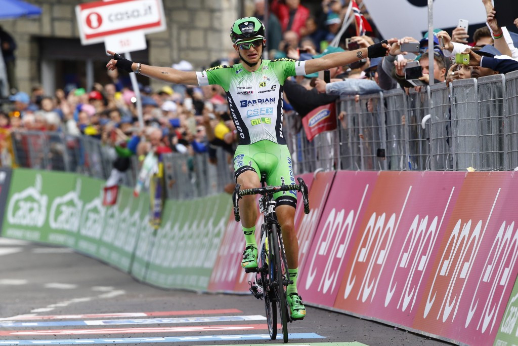 Giulio Ciccone broke away for a solo victory today